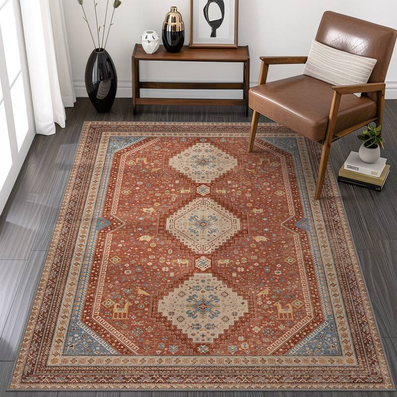 Mcow Faded Floral Vintage Low-Pile Machine Washable Non-Slip Area Rug