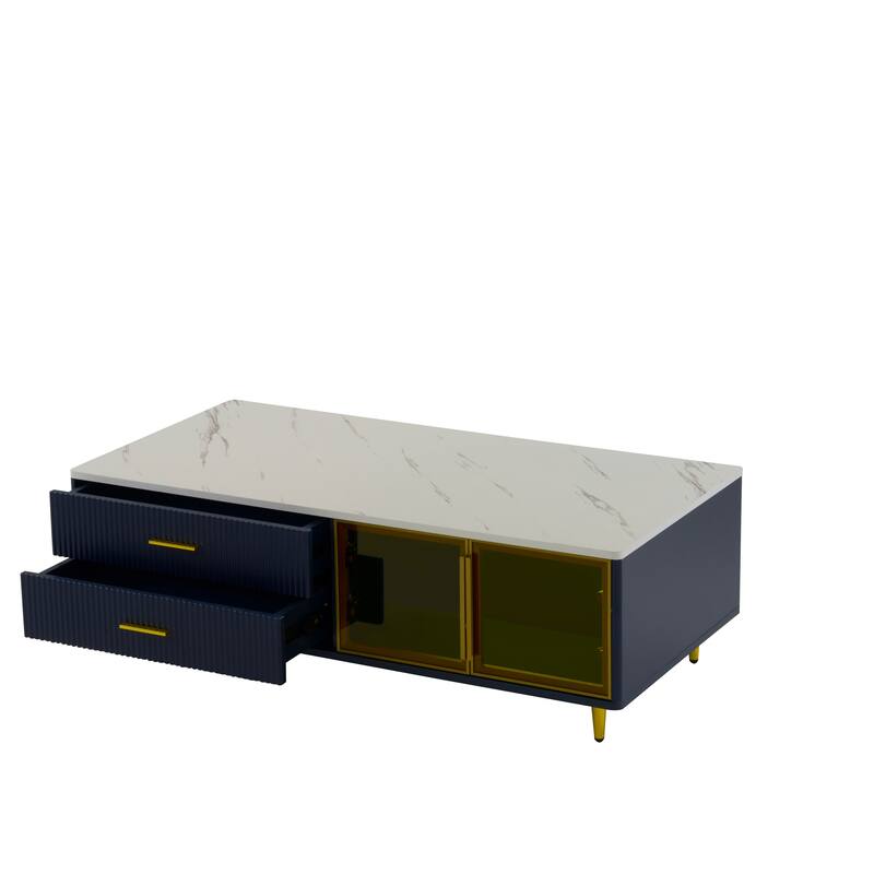 47.2" Modern Coffee Table with 2 Glass Door, 4 Drawers and Multi-Color Lighting