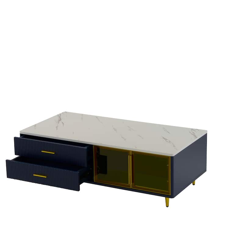 Modern 47.2" Coffee Table with 2 Glass Door Storage, 4 Drawers, Wooden Decorative Cocktail Table with Gold Metal Legs