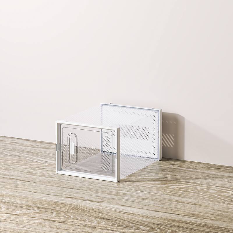 Set of 6 White Plastic Stackable Modular Shoe Storage Boxes with Breathable Mesh Design - 35 x 25 x 19 cm