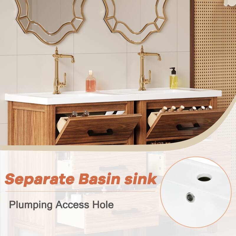 Roomfitters 48" Bathroom Vanity with Ceramic Sink, Freestanding Wood Storage Cabinet with Drawers, Natural Wood