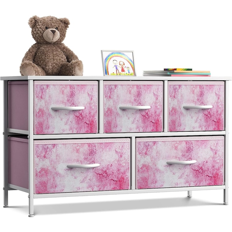 Dresser w/ 5 Drawers Furniture Storage Chest for Home, Bedroom - Tie-Dye Pink