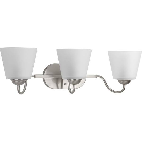 slide 1 of 2, Arden Collection 3-Light Brushed Nickel Etched Glass Farmhouse Bath Vanity Light