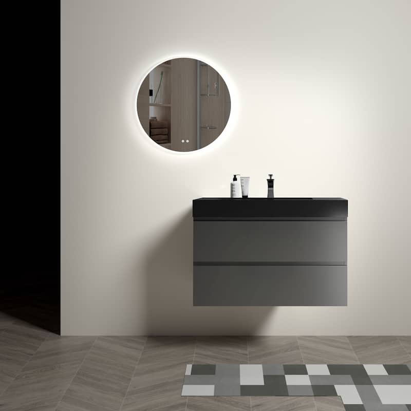 36"Bathroom Vanity with Sink,Storage Wall Mounted Floating Bathroom Vanity,One-Piece Black Sink Basin without Drain and Faucet