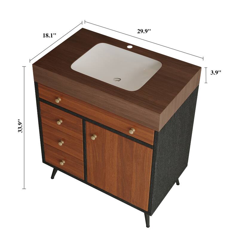 Mid-Century Modern Free-Standing Bathroom Vanity with Ceramic Sink & Sintered Stone Top