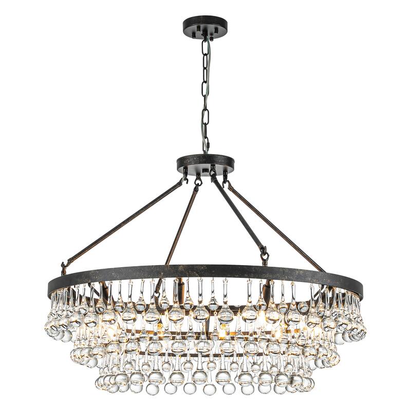 10-Light 31.5" Modern Glam Distressed Black Round Crystal Chandelier for Living Room 3-Tier Large Pendant Lighting