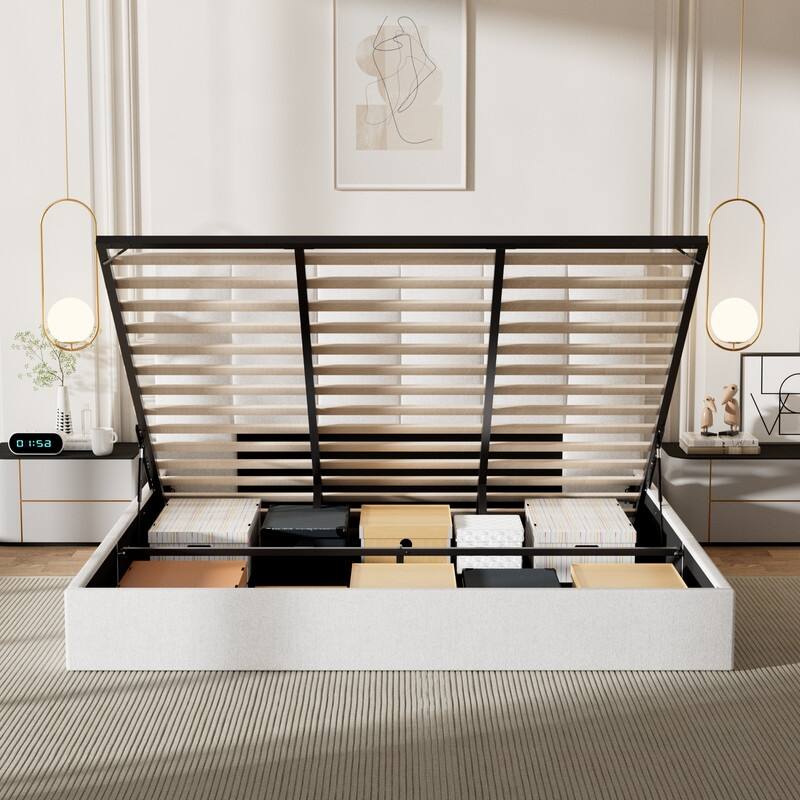 Modern Upholstered Lift-Up Storage Platform Bed with Headboard