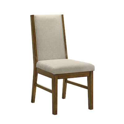 Liyo Set of 2 Side Dining Chairs, Brown Wood Frame, Beige Fabric Seating