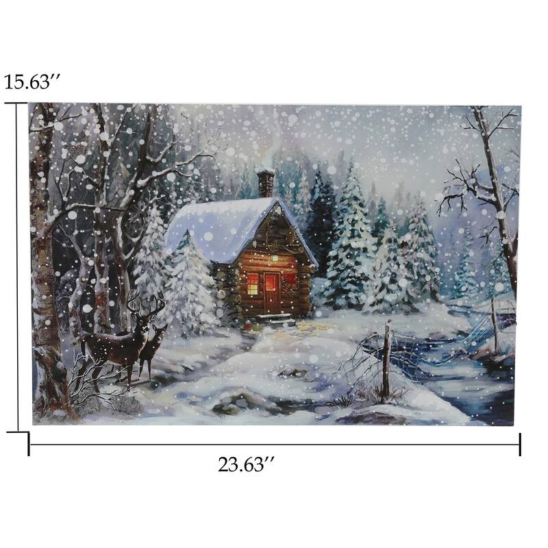 Christmas Winter Wonderland Log Cabin Holiday Canvas Print with LED Lights - 15.63" H x 23.62" W x 0.98" D