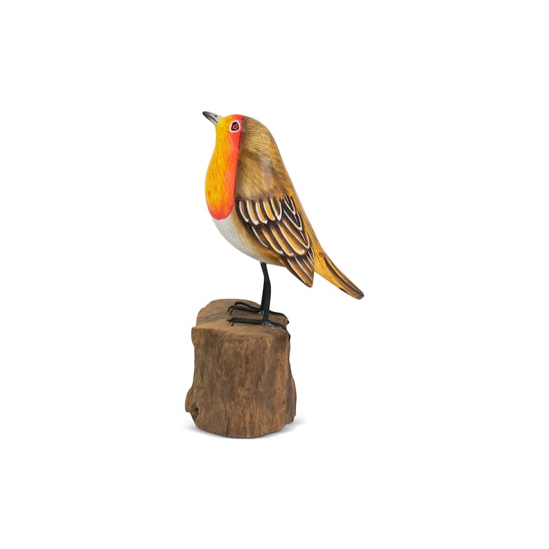 Wood European Robin Figurine - Hand Carved Songbird Sculpture, Rustic Bird Decor on Driftwood Base