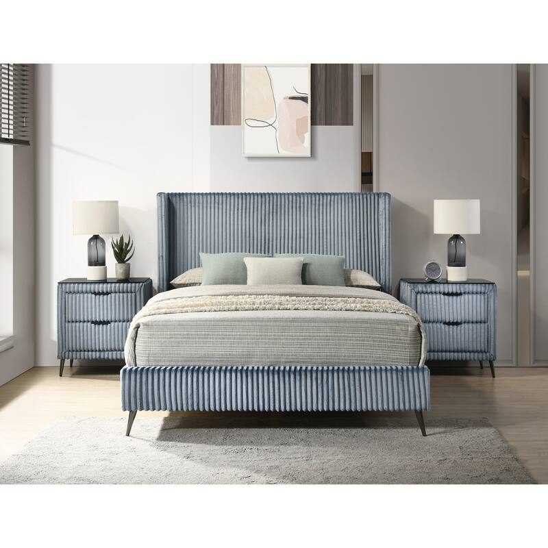 Mavela Wide Wale Corduroy Upholstery Panel Queen Bed with 2 Nightstands, Blue