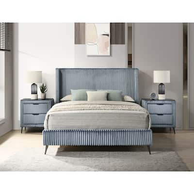 Queen Size Upholstered Panel Bed Set with 2 Nightstands and Wingback Headboard