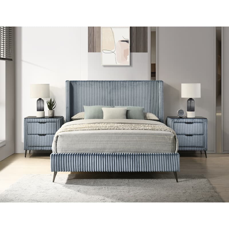 Roundhill Furniture Mavela Wide Wale Corduroy Upholstery Bed with 2 Nightstands, Blue - Queen