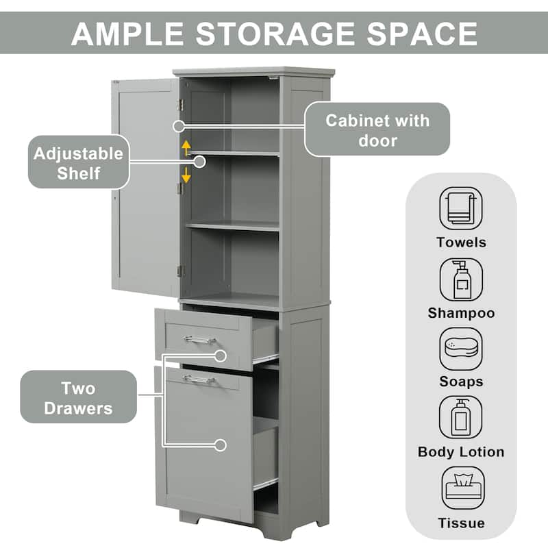 Freestanding Tall Bathroom Storage Cabinet, with 2 Different Size Drawers and Adjustable Shelf, Painted Finish