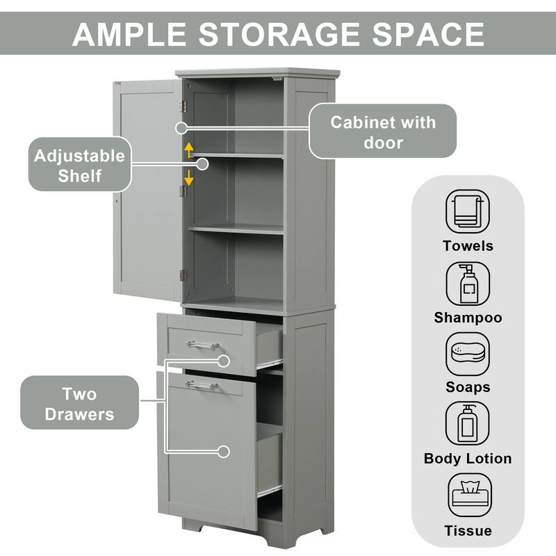 GDFStudio - Rowan Tall Freestanding Bathroom Storage Cabinet with Two-Sized Drawers and Adjustable Shelf