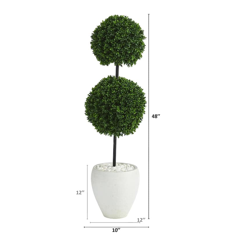 Artificial Topiary Tree 4Ft Farmhouse Decor, Double Ball Bush, White Planter, Outdoor Indoor UV Resistant Plant - Green
