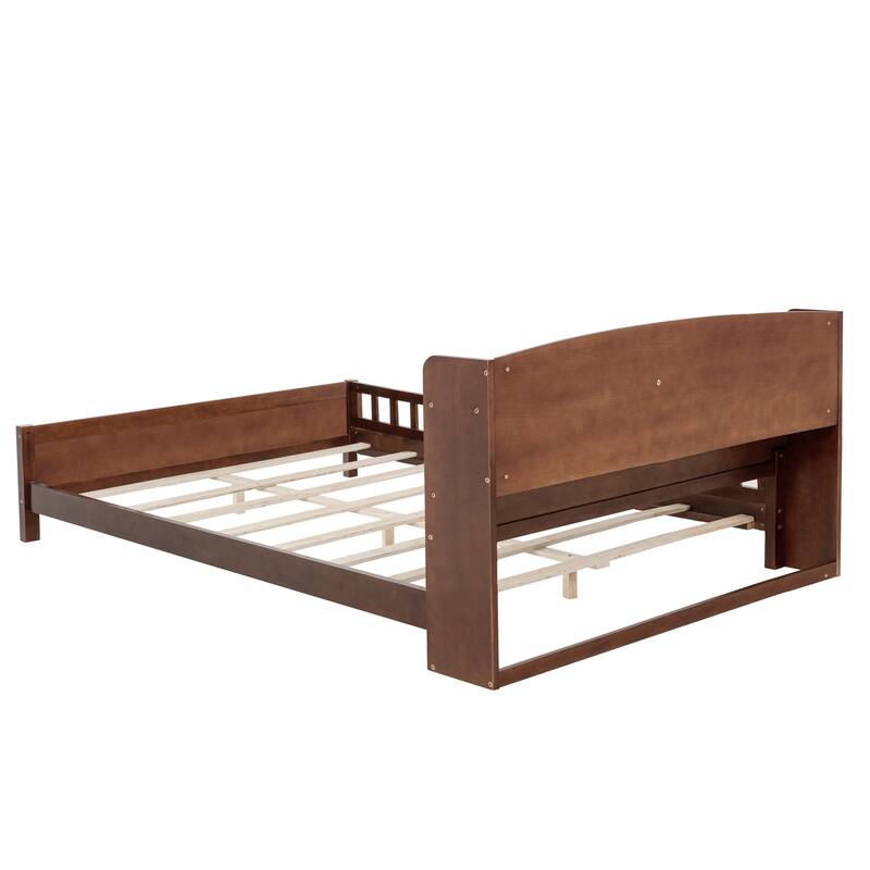 Full Size Pine Bed w/ Bookcase Headboard ,LED Sensor Light, Guardrails