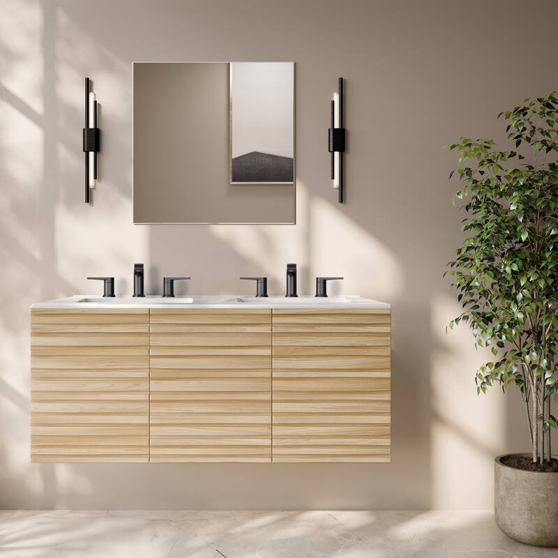 Cascade 48" Wall-Mounted Bathroom Vanity In Natural Oak With 3-Hole Widespread Double Basin Sink Top - 48