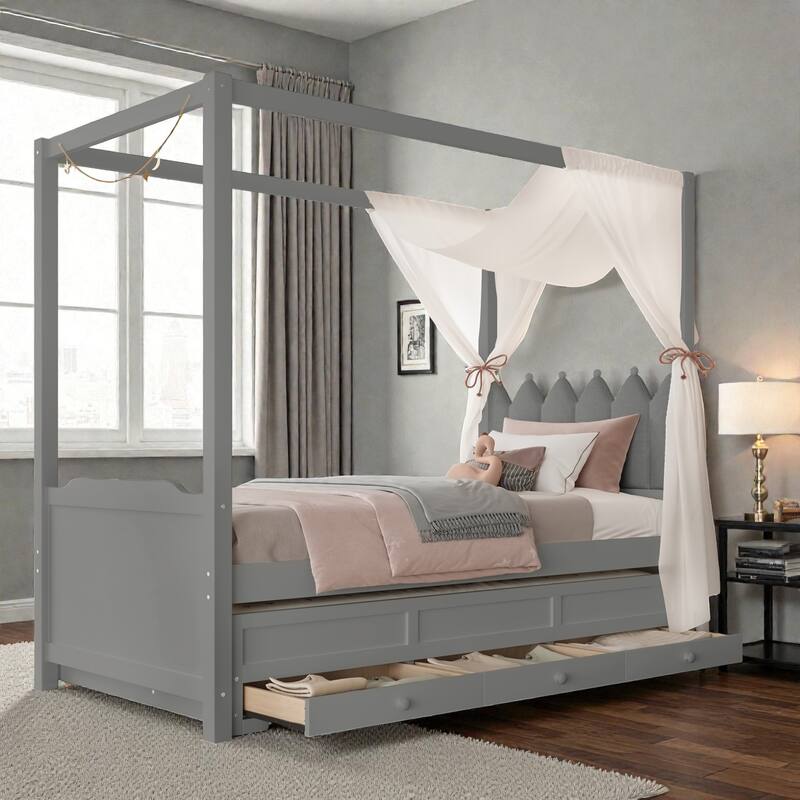 Princess Canopy Platform Bed with Upholstered Headboard, Trundle and 3 Drawers, Kids House Bed Frame with Storage - Grey - Twin