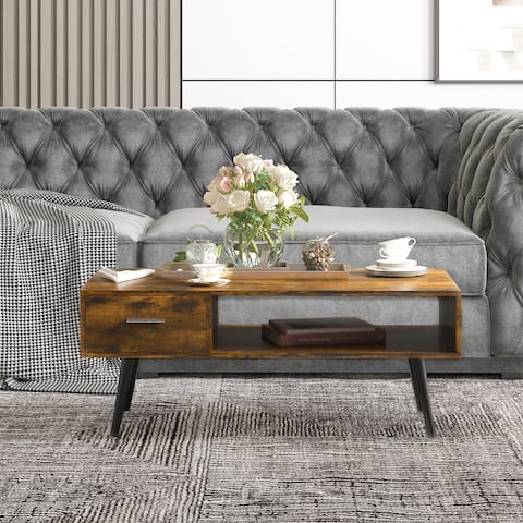 HOMCOM 43 inch Mid-Century Modern Coffee Table with Drawer and Shelf, Rectangular Center Table for Living Room, Rustic Brown