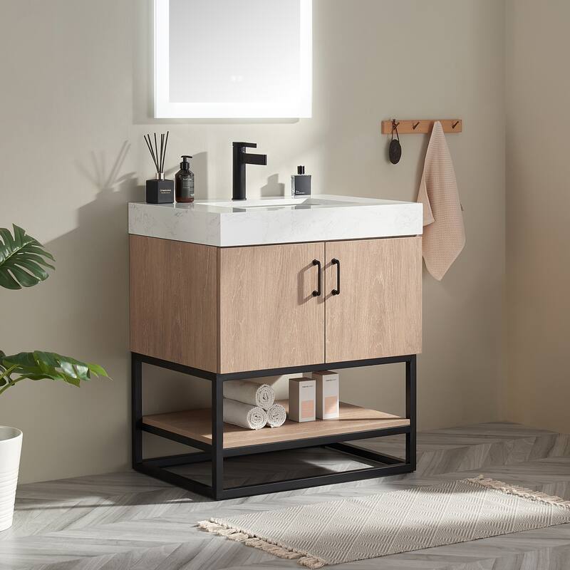 Alistair Single Bath Vanity with White Grain Stone Top without Mirror