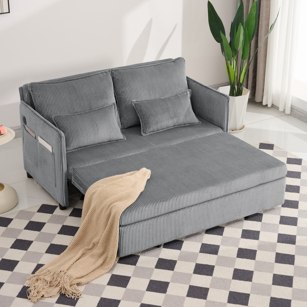 Roomfitters 55" Modern Corduroy Sofa Bed with Pull-out Sleeper Design, Modular Daybed with Storage Pocket & Pillows