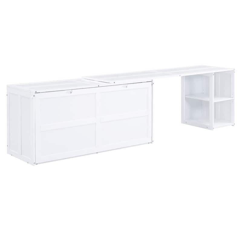 Queen Size Mobile Murphy Cube Cabinet Bed with Rotable Desk, Solid Wood Murphy Bed Chest Platform Murphy Bed for Guest Room