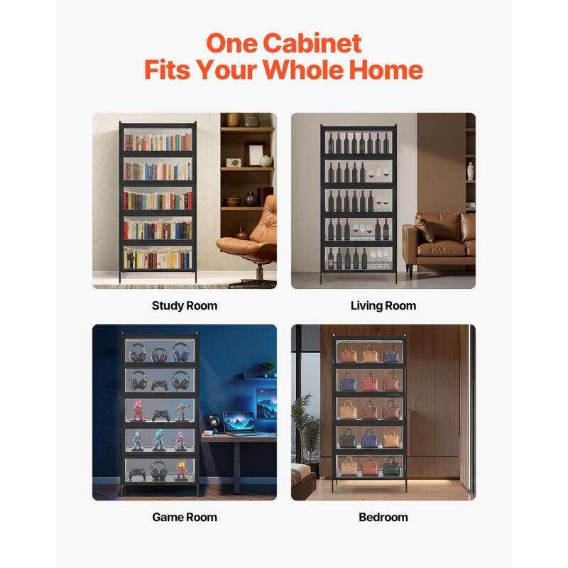 Black Acrylic 5-Tier Display Cabinet with Flip Doors and Shelves - 32.28 × 12.60 × 67.72 inch