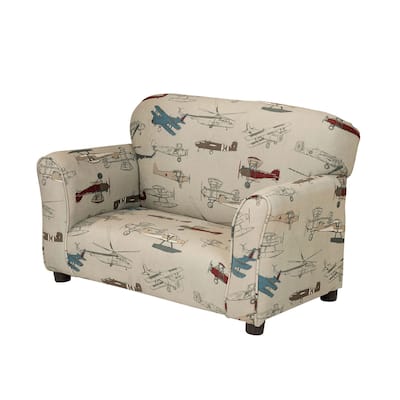 Fabric Upholstered Kids Sofa with Vintage Airplane Print in Beige