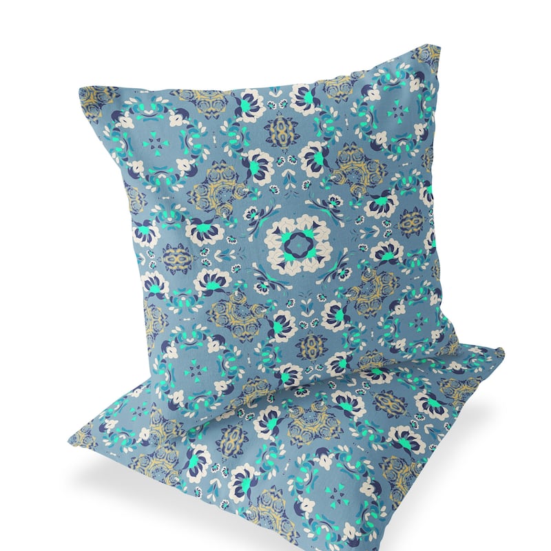 HomeRoots Set of Two 16" X 16" Blue and Green Blown Seam Floral Indoor Outdoor Throw Pillow - 16.00' X '16.00' X '5.00