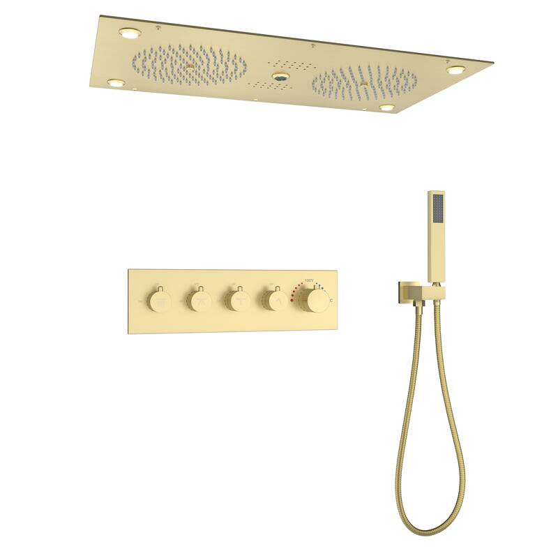 Thermostatic 4-Spray 28 in. x 15 in. Ceiling Mount Fixed and Handheld Dual Shower Head 2.5 GPM with LED Mood Light & Music