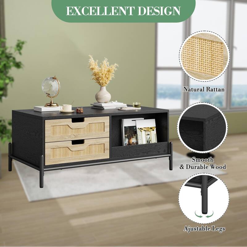 Coffee Table with LED Light,4 Large Storage Drawers and 2 Open Storage Shelf