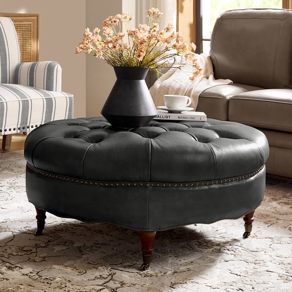 slide 2 of 27, HULALA HOME Idalia Traditional Genuine Leather Ottoman with Caster Wheels and Solid Wood Legs