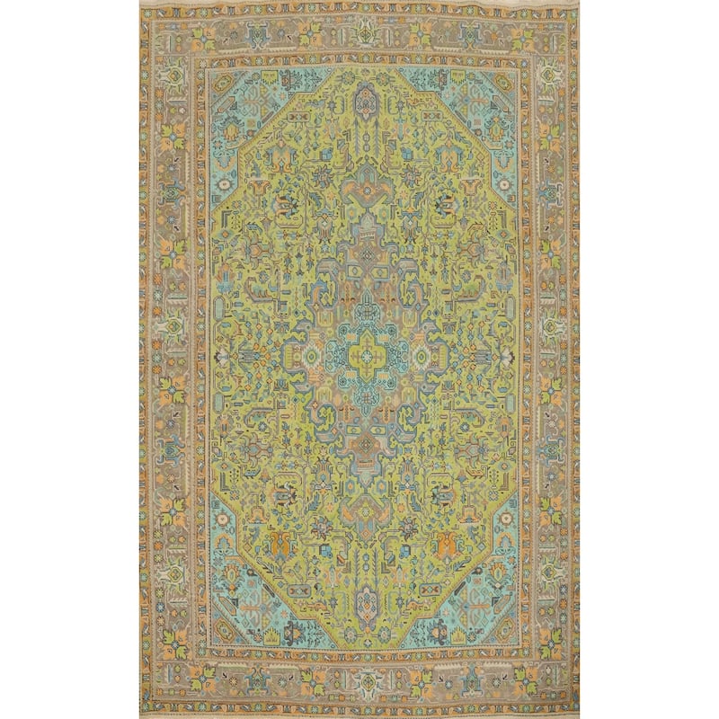 Hand Knotted Oriental 100% Wool Carpet Traditional Floral Green Tabriz Area Rug - 11' 2'' X 7' 10''