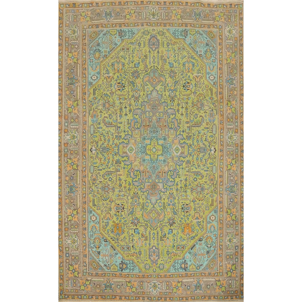 Hand Knotted Oriental 100% Wool Carpet Traditional Floral Green Tabriz Area Rug - 11' 2'' X 7' 10''