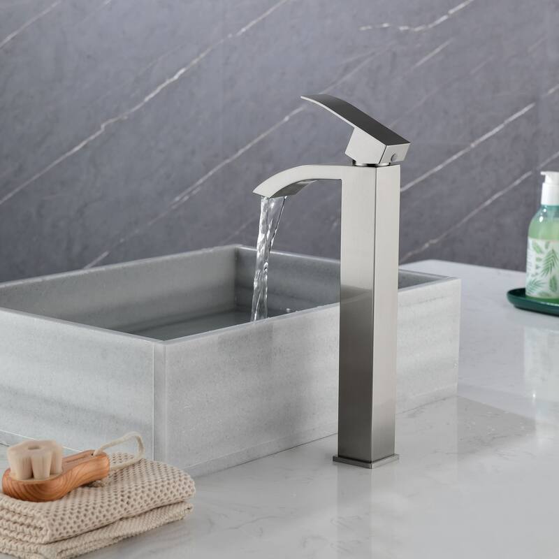 Single Hole Bathroom Vessel Faucet 1 Handle Bathroom Vessel Sink Faucet Waterfall Modern Basin Vanity High Tall Taps No Drain
