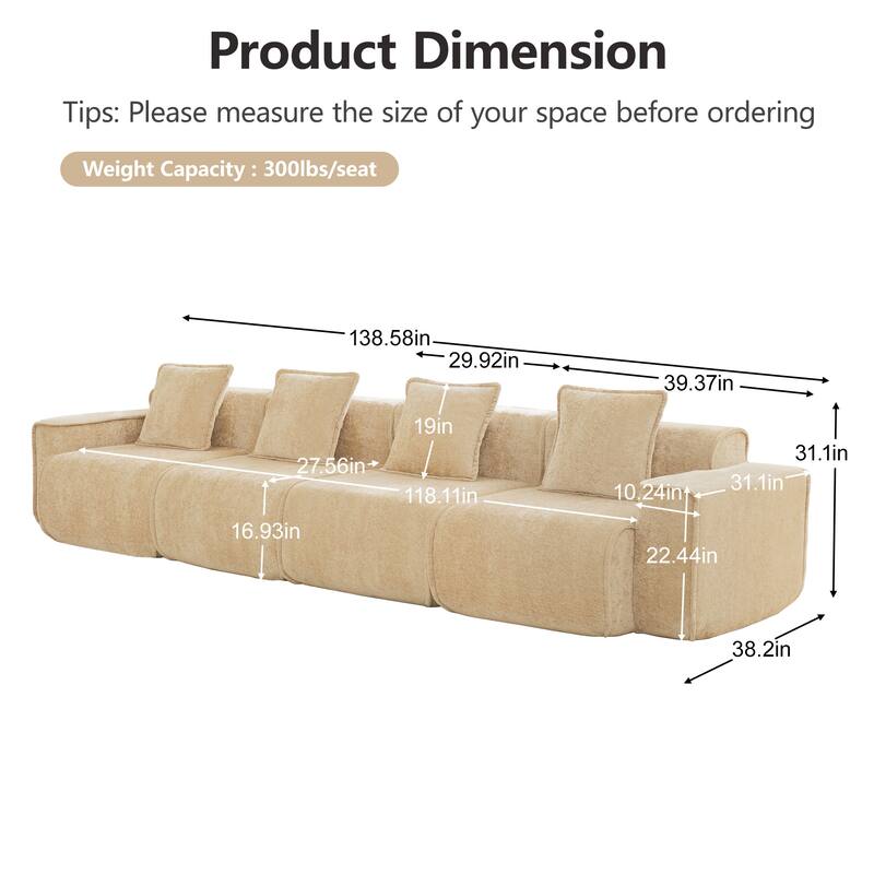 GDFStudio - Modular 4-Seater 138.58" Boneless Velvet Sofa
