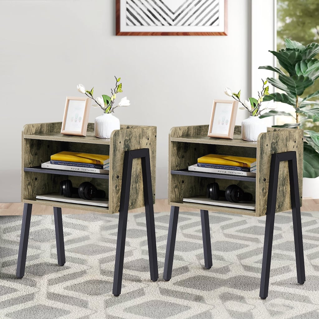 VECELO Gray Mid-Century Modern 3-Tier Stackable Nightstand Set of 1/2 Nightstands with Metal Frame for Bedroom Living Room