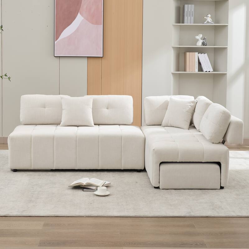 91.73" L-Shaped 4-Seat Sectional Sofa with 2 Hidden Stools, 2 Removable Lumbar Cushions, and Durable Chenille Fabric