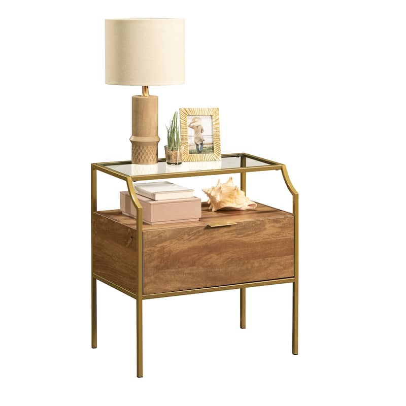Engineered Wood Contemporary Night Stand with Upper Glass Shelf, Brown