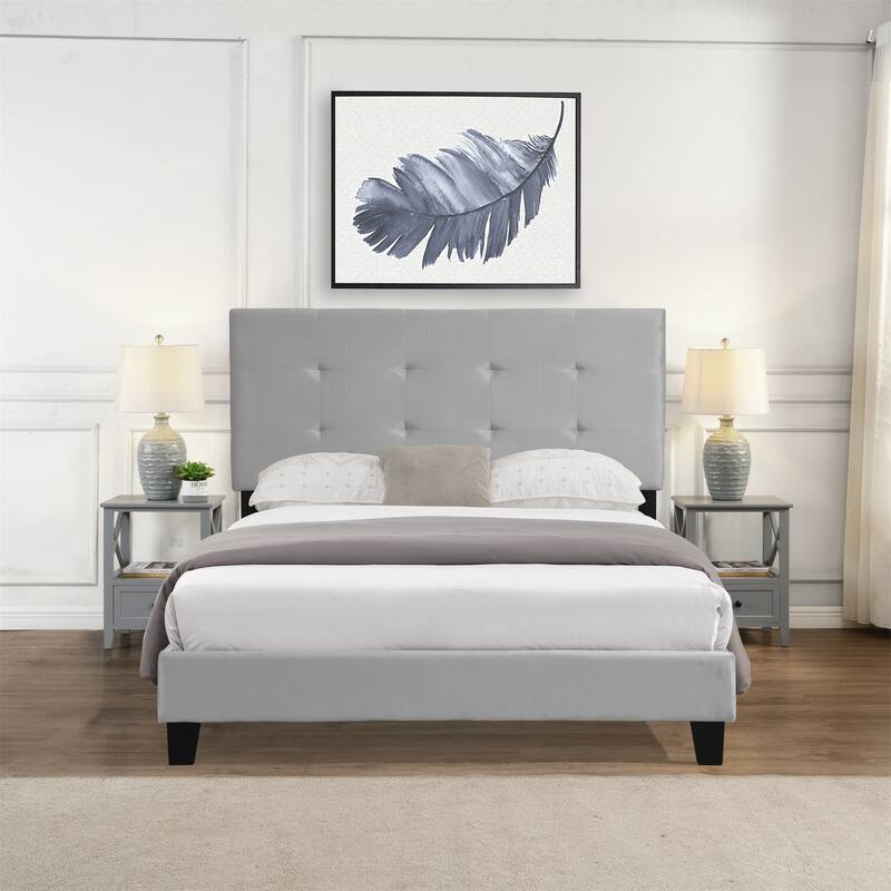 Queen Size Velvet Upholstered Platform Bed with Tufted Headboard - Grey
