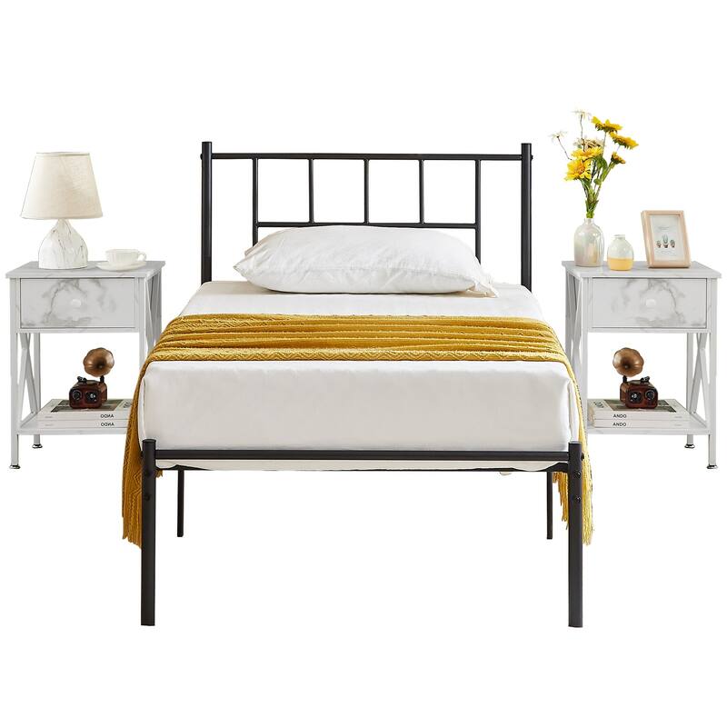 VECELO 3-Pieces Bed Frame with Wood Headboard and Modern Nightstands Set of 2