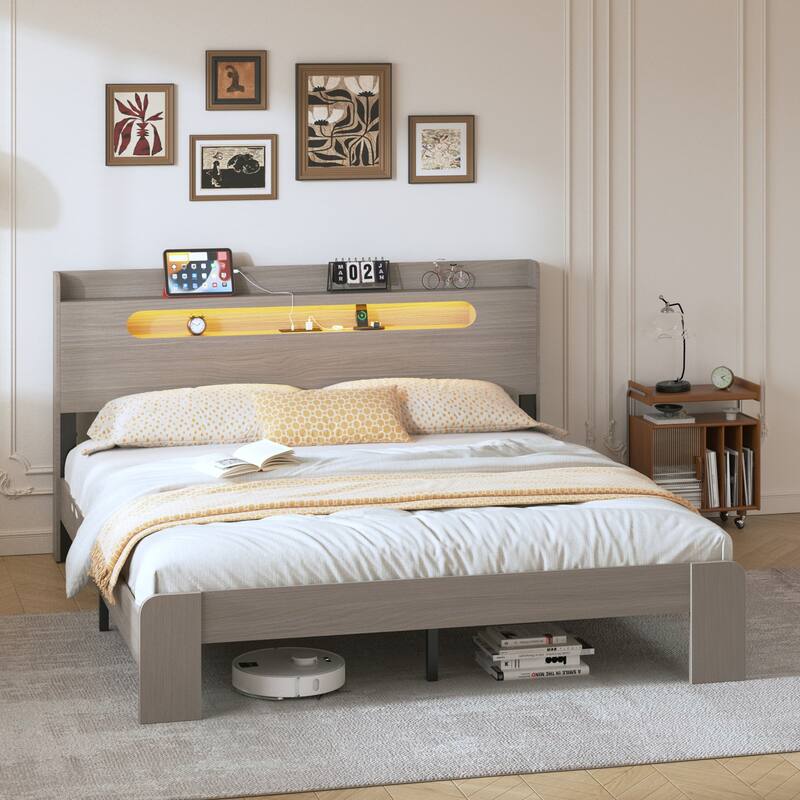 Bed Frame Queen Size, Wood Platform Bed Frame with Storage LED Light Headboard and 2 USB, Noise Free, Large Under Bed Storage