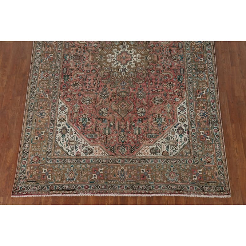 Pink Geometric Tabriz Vintage Persian Area Rug Handmade Wool Carpet - 6'5" x 9'9"