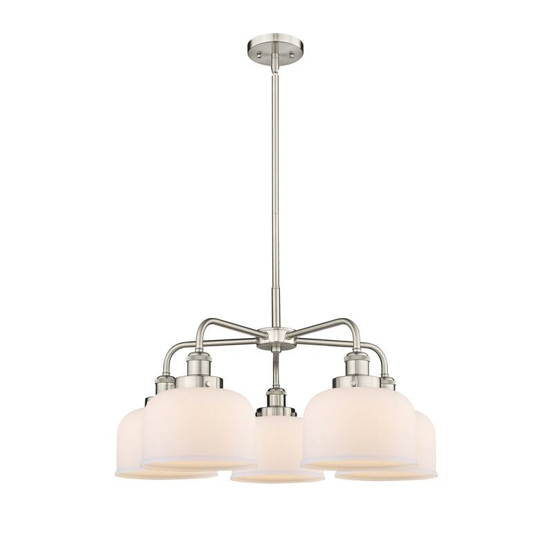 Innovations Lighting Bell - 5 Light 26" Stem Hung Chandelier - Satin Nickel/Matte White