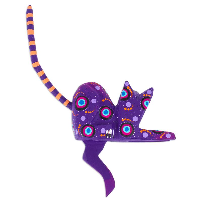 Novica Handmade Placid Feline In Purple Wood Alebrije Figurine
