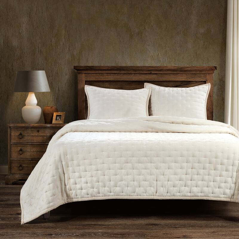 HiEnd Accents Stella Solid Color Faux Silk Velvet Romantic Modern Rustic 3 Piece Quilt Set with Pillow Shams - Stone - Queen