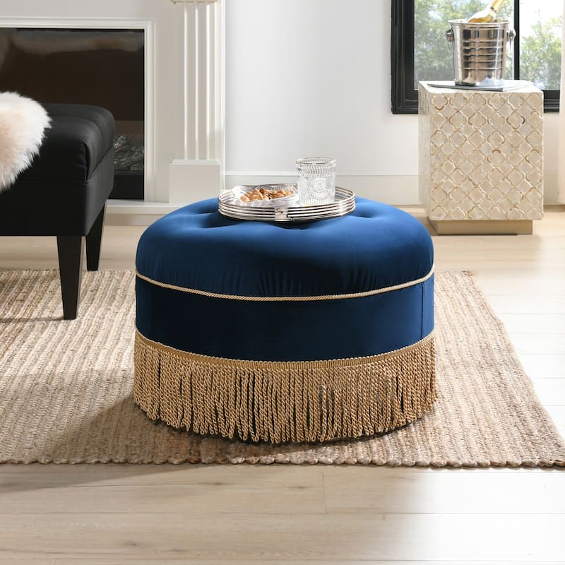 Yolanda 24" Upholstered Round Accent Ottoman - Navy Blue Velvet