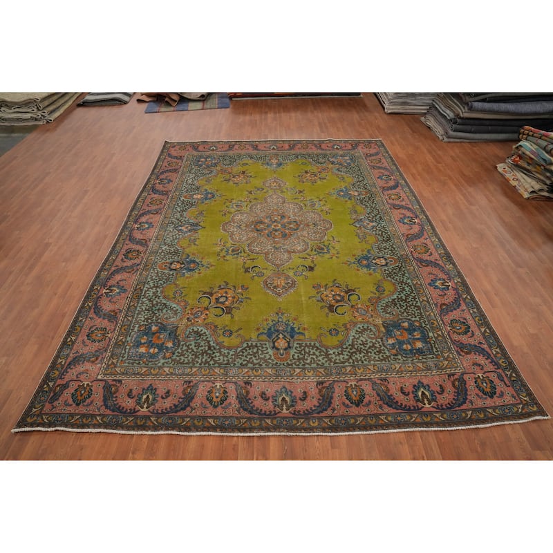 Hand Knotted Oriental 100% Wool Carpet Traditional Medallion Green Tabriz Area Rug - 13' 5'' X 9' 11''