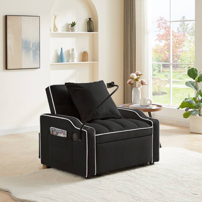 Convertible Pull-Out Chair Bed with USB Ports, Adjustable Backrest & Cup Holder